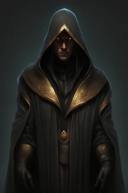 A mysterious gentleman in a black hooded cloak gazing at the viewer in wonder, masterpiece, dystopian, sci-fi, extremely detailed, digital painting, sculpted in zbrush, artstation, concept art, smooth, sharp focus, illustration, chiaroscuro lighting, golden ratio, incredible art by Artgerm and Vincent di Fate