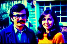 ayoung man and a beautiful woman standing next to each other, 1 9 7 0 s analog video, with mustache, assyrian, small glasses, cold scene, out of focus background, house on background, the woman has long dark hair, the photo shows a large, deiv calviz, before the final culling