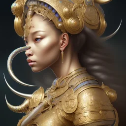 Sango fantasy, fantasy magic, intricate, sharp focus, illustration, highly detailed, digital painting, concept art, matte, art germ and Paul Lewin and Kehinde Wiley, masterpiece silver elephant head bronze Buddha Asian African girl nice breast Hawaiian hair turquoise golden waves