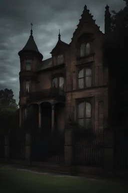 It's a dark creepy gothic old mansion with a wrought iron fence in front