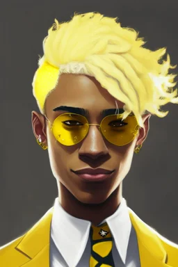 Realistic young man with fluffy yellow hair, big black eyes, yellow freckles, small black earrings, smirk, light brown skin, yellow tuxedo, yellow star sunglasses on head