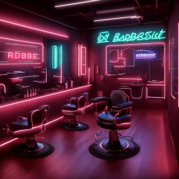 inside modern barber shop, neon lights, 8k, extremly detailed,luxus, wohlhabend, cinema4d, 3d render, creative, complex