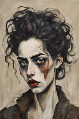 Painting of a deranged Goth vampire girl, with highly detailed hair and facial features in the Expressionist style of Egon Schiele, Oskar Kokoschka, and Franz Marc, in muted natural colors