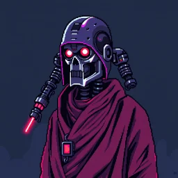 8 bit pixelart of a terminator like robot, synthwave colored, vaporware, budist monk robe