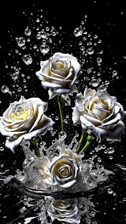Purity transparency water splashing twisted with many white roses inside, photo, 8k