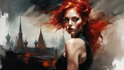 muscular stunning tall russian woman 24yo with red hair pulled back, in a Halloween pinup poster : dark mysterious esoteric atmosphere :: digital matt painting with rough paint strokes by Jeremy Mann + Carne Griffiths + Leonid Afremov, black canvas, dramatic shading