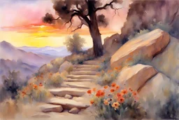 Amazing beautiful sunset, flowers, rocks, mountains, trees, sci-fi, fantasy, epic, john singer sargent watercolor paintings