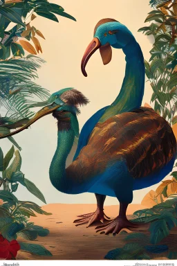 John James Audubon-like illustration of a fully uncropped Dodo bird and a Platypus in a chinoiserie landscape of warm yellows, warm reds, and warm blues