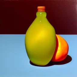 still life bottle half fruit