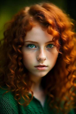 GIrl mixed long curly reddish Orenge hair dark green eyes