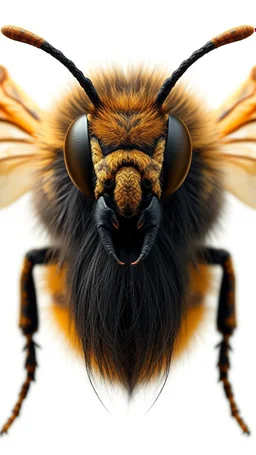 Bee front view with human look face and long hair and beard looks like an ancient Sumerian gods