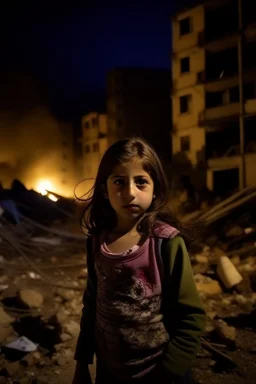 Palestinian girl , Destroyed Buildings , with a Explosions, at night