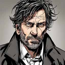 50 year old Male blind in the left eye, has short beard, messy hair, wearing black trench coat, modern comic style