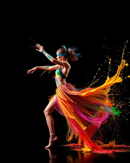 vibrant colors, black background, 8k resolution, dancer made paint splashed 3D effect