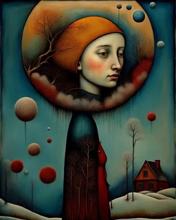 Richly textured Hieronymus Bosch, Catrin Welz-Stein, William Turner, Zdzisław Beksiński, Jacek Yerka oil on canvas zentangle line art style mix, surreal frosted fantasyland winter oceanscape, hoarfrost on trees, high grasses, snow and cottages, withered flowers, pale sunrise; paint splatter, beautiful vibrant colors, reflections, SK, flying seagulls, dramatic clouds, snowfall.