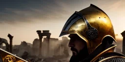 apocalypse, chaotic, magnificent, realistic, colorful, massive, epic, ray tracing, cinematic, 8k, HD, Ultra High Definition, photo film, film grain, hyper-detailed, 2 old tarnished ornate rusty Hyper detailed Gold Medieval Knight helmet with glass visor and matching suit of armor, background with colorful destroyed ancient ruins