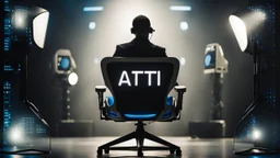 photo from a black producer chair siluette in a futuristic cybertech studio, around many monitors and circle windows to the sky, the inscription capture word text on the back of the chair "Barbi", Professional photography, bokeh, natural and blue-white lighting, perfect shot, sharp focus, professional photo