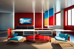 a double Bauhaus balancing in a Bauhaus room; UHD photo, photo-realism, (((great verticals))), (((great parallels))), warm colors of white, red, and sky blue