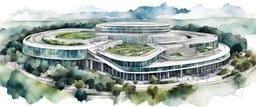 Create a slightly abstract aerial illustration with panoramic technical architectural drawings of a very big building in silicon valley , primarily in black, raw collage artwork, offwhite background color, green garden , blue sky, in deep watercolor strokes over low poly clouds