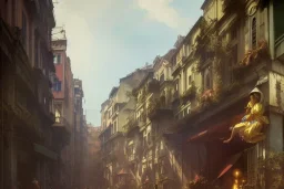 Train over corner building+Hanoi train+corner building +A greengrocer in colorful genoa street+Italian medieval town +Italian city sea+alphonse mucha, greg rutkowski,matte painting, cryengine, hyper detailed, felix kelly, fantasy art, seb mckinnon