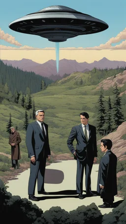 Masterpiece, Best Quality, Armor suit, poster artwork by Michael Whelan and Tomer Hanuka, of the Men in Black welcoming an alien UFO, from scene from Twin Peaks, clean , 8k, UHD, HDR