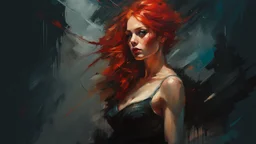 muscular russian woman 28yo with red hair, on a pinup poster : dark mysterious esoteric atmosphere :: digital matt painting with rough paint strokes by Jeremy Mann + Carne Griffiths + Leonid Afremov, black canvas