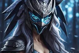 kindred with her mask in 8k anime realistic drawing style, ronin custom, rain, apocalypse, intricate details, highly detailed, high details, detailed portrait, masterpiece,ultra detailed, ultra quality