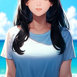 black haired woman, casual clotting, realistic, HD4k, watery cloud background, close up shot,
