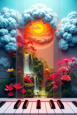 3d rendering effect realistic digital artwork with fibonacci effect featuring a waterfall with spiral cotton clouds of blue red and yellow colors circling a vintage waterfall towering over a cliff, carnivorous plants and seven glass panels of triangular petagons and embroidered soft squares, the open part of which intricately reveals diorama landscape of a Chinese garden entangled in barbed wire with bright neon glowing colors, glass walls instead of music and piano keys with the addition of a w