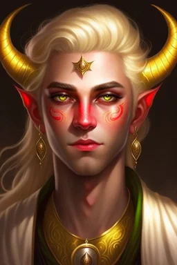 young man tiefling with white blonde hair and gold jewelry, wearing white and gold, demon eyes