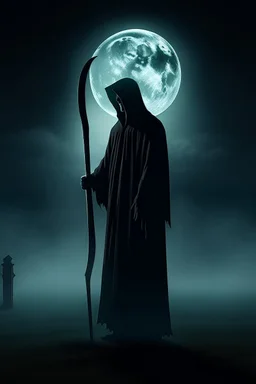 mysterious, hooded figure with a scythe, standing in a misty graveyard under a full moon. The figure should be shrouded in darkness, with only the eerie glow of their eyes and the blade of the scythe visible.