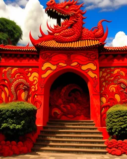 A red fiery palace with a volcanic dragon painted by Diego Rivera