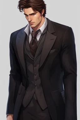 A white man, warlock in a suit, brown hair and brown eyes, fit and handsome. Realistic