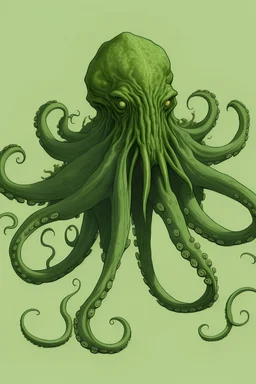 Cthulhu, a green octopus, dragon, and a human caricature, hundreds of meters tall, with webbed, human-looking arms and legs and a pair of rudimentary wings on its back. Its head is depicted as similar to the entirety of a gigantic octopus, with an unknown number of tentacles surrounding its supposed mouth.