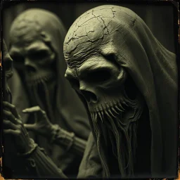 Daguerrotype close up of some mysterious figures, odd background, cinematic, Hieronymus Bosch, Max Ernst vegetal life, rotten, ambient light, ghost, cry