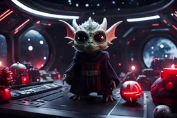 fluffy big eyed baby dragon sith lord in the command centre in second death star with view to a star wars planet, and christmas tree and sith gifts sith space ships, cinematic eye view