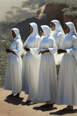 7 suore africane con tunica grigia giornata di sole precipizio fuori città uomo militare bianco giovane, terra rossa