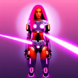 cyborg girl, pink hair, laser red eye, full body, sexy, armed, under an alien moon, misty, high detail, cyberpunk style