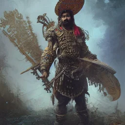 Insanely detailed photograph of an “ a mustachioed Spanish warrior ” with detailed Sombrero, intricate charo,cigar,crossbow in hand, hyperdetailed painting by Ismail Inceoglu Huang Guangjian and Dan Witz CGSociety ZBrush Central fantasy art album cover art,8K, hdr, mysterious, flickeringlights ,Stoic