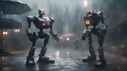 Captivating Climaxes - Crafting Powerful Endings have a couple robots fighting in the rain and lighting