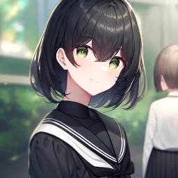 Clear focus, High resolution, fluffy black short hair, dark green eyes, wearing a black sailor uniform and pleated black skirt, fluffy hair, detailed outfit