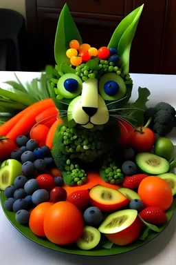 un chat fabriqué uniquement avec des morceaux de légumes et de fruits.