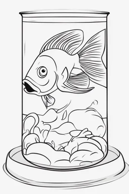 blank colouring book, white blank background, simple picture for toddlers, fish in a glass bowl, disney and pixar style