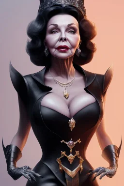 Joan Collins as evil queen in black leather, leather, busty, cleavage, angry, stern look. character design by cory loftis, fenghua zhong, ryohei hase, ismail inceoglu and ruan jia. unreal engine 5, artistic lighting, highly detailed, photorealistic, fantasy