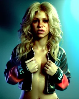 portrait, Shakira, blonde artist, angry, Realistic image, MMA robe, hoodie, mma gloves, band aid, loose long hair, eyes make up, face thunder gold make up, circle iris. moisture sweat, fog, Neon colors, leds. Dark background, photo studio, concept art, smooth, unreal engine 5, god lights, ray tracing, RTX, lumen lighting, ultra detail, volumetric lighting, 3d, finely drawn, high definition, 4k.