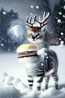 Create a white black Fluffy reindeer Mixed with a kitten in the Snow playing in the background is snowing Mixed with a hamburger