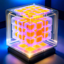 a futuristic translucent neurocube, inside the cube there are partitions made of honeycomb plates