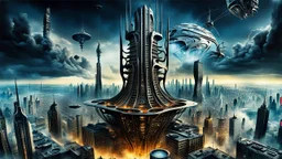 a stunningly weird image of a futuristic giant dark floating tower metropolis using Salvador Dali's paranoiac-critical method, where buildings and structures appear to melt into the skyline cityscape is filled with floating mad, twisted sharp metal shapes that interact with the buildings and each other, forming a surreal tableau of a dreamlike reality. neu-steampunk vibe, essence of the scene in a cinematic manner, with dramatic shadows that enhance the distorted perspectives and bizarre