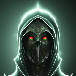 A portrait of a man with glowing green eyes wearing a big black hood and dark clothes