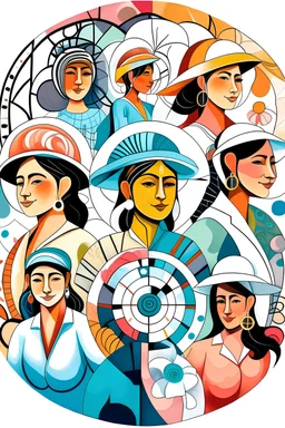 Illustration of some happy and very veiled and modern women who we see from a far distance and some painters with palet and doctors wiht stethoscope are some engineers wiht Engineering hat and they have formed a spiral composition.be veiled